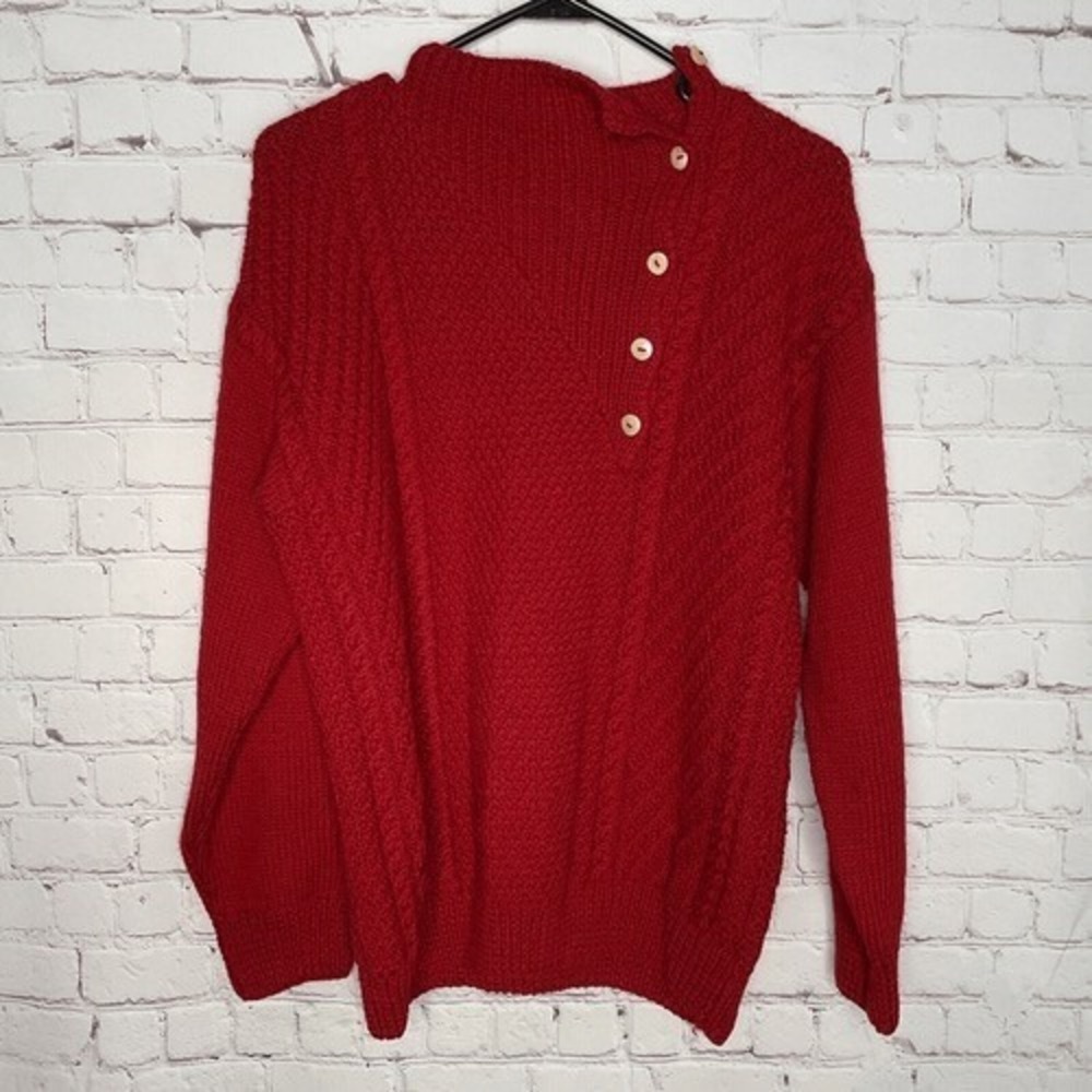 South Wool Red Hand Knit Long Sleeve Button Accent Sweater Women L Uruguay Wool‎
